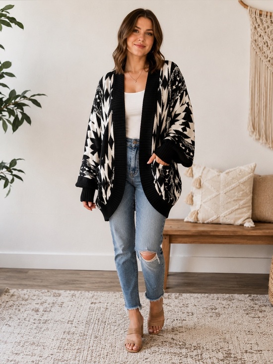 Sweaters - Maurices Black White Aztec Open Front Cardigan Sweater Size 1 M L Boho